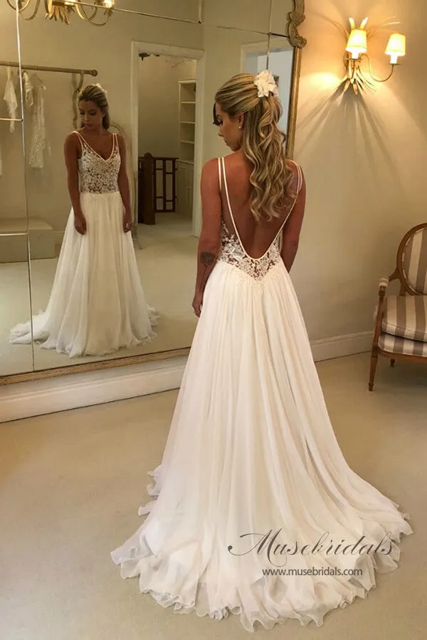 Roycebridal Chiffon A-line V-neck Open Back Wedding Dresses With Lace Appliques, MW810