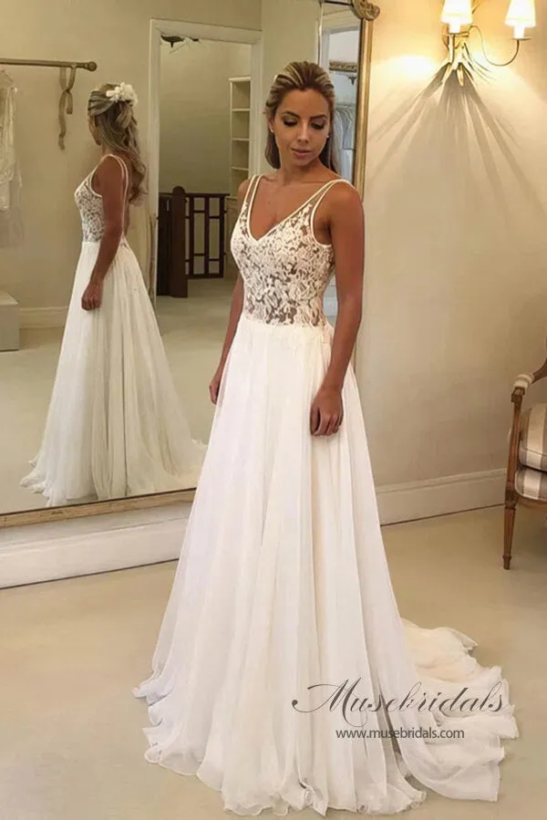 Roycebridal Chiffon A-line V-neck Open Back Wedding Dresses With Lace Appliques, MW810