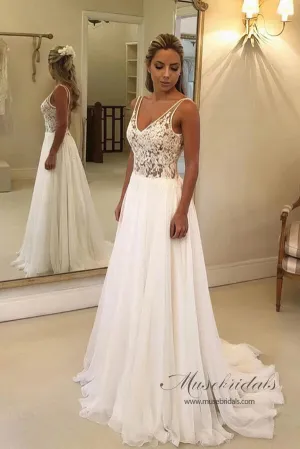 Roycebridal Chiffon A-line V-neck Open Back Wedding Dresses With Lace Appliques, MW810