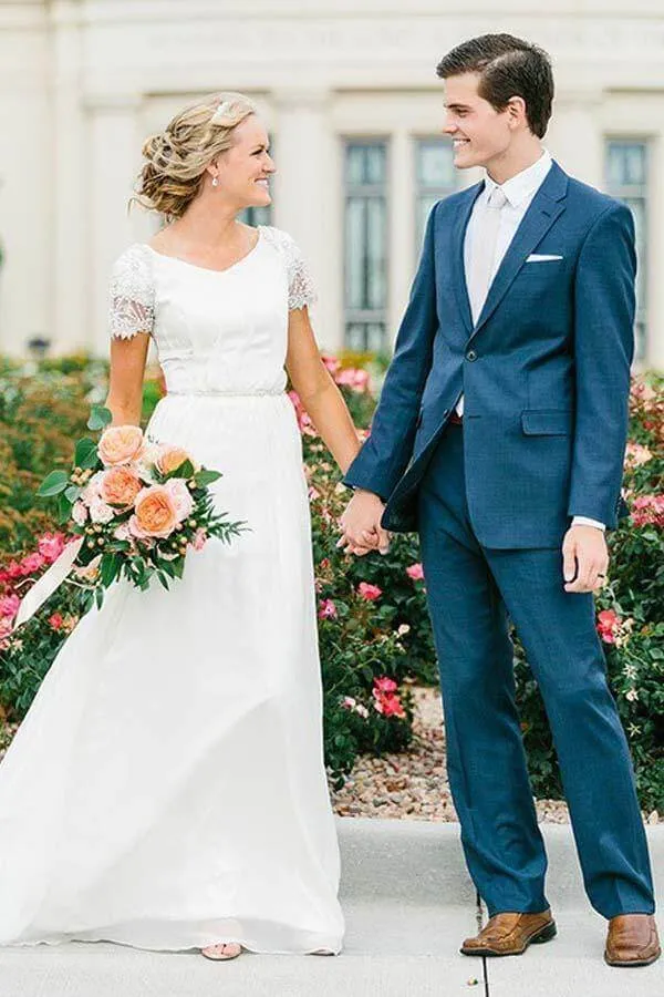 Roycebridal Chiffon A-line V-neck Short Sleeves Wedding Dresses With Beading, MW830