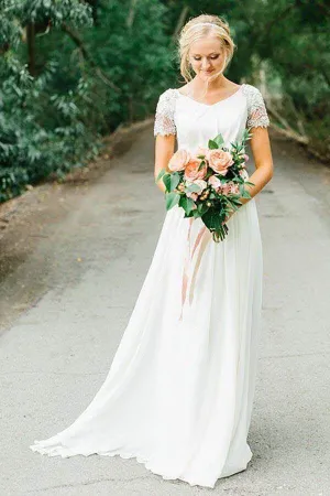 Roycebridal Chiffon A-line V-neck Short Sleeves Wedding Dresses With Beading, MW830