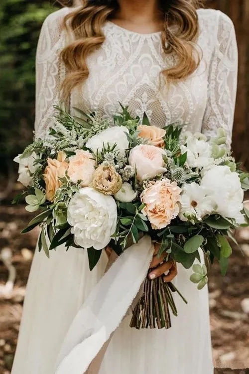 Roycebridal Elegant Scoop Long Sleeve Chiffon Wedding Dresses with Lace Backless Ivory Bridal Dresses,MW482