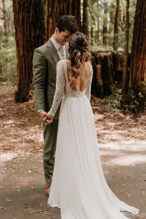 Roycebridal Elegant Scoop Long Sleeve Chiffon Wedding Dresses with Lace Backless Ivory Bridal Dresses,MW482