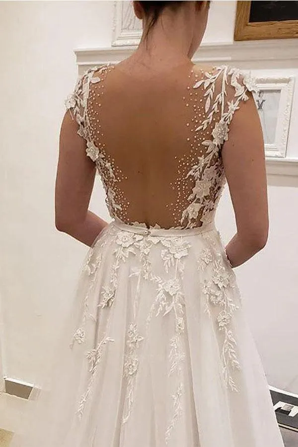 Roycebridal Ivory A-line V-neck Wedding Dresses With Lace Appliques, Bridal Gown, MW925
