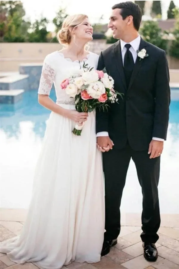 Roycebridal Ivory Lace A-line Beaded Half Sleeves Wedding Dresses, Bridal Dress, MW588