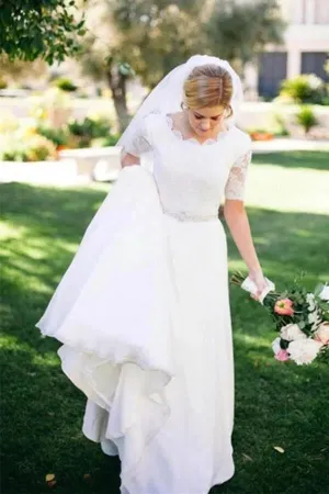 Roycebridal Ivory Lace A-line Beaded Half Sleeves Wedding Dresses, Bridal Dress, MW588