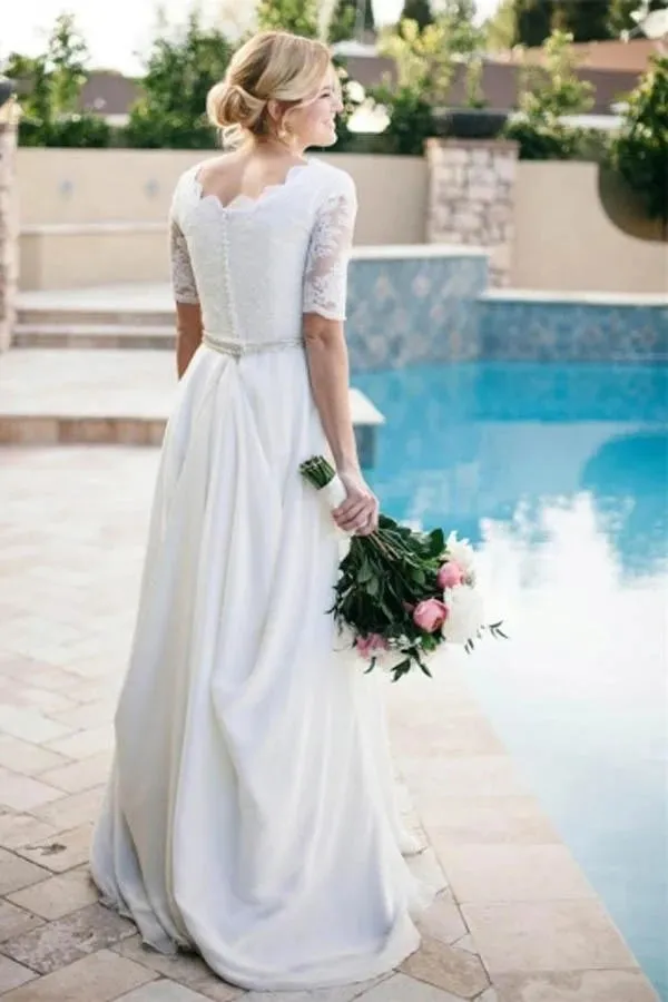 Roycebridal Ivory Lace A-line Beaded Half Sleeves Wedding Dresses, Bridal Dress, MW588