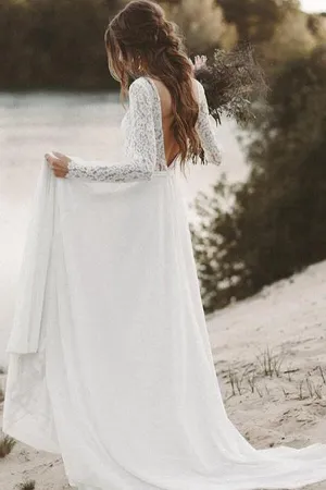 Roycebridal Ivory Lace Long Sleeves A-line Chiffon Wedding Dresses, Bridal Gowns, MW526