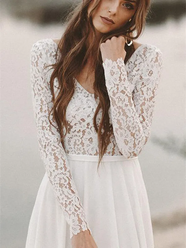 Roycebridal Ivory Lace Long Sleeves A-line Chiffon Wedding Dresses, Bridal Gowns, MW526