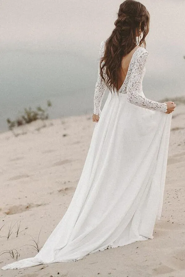 Roycebridal Ivory Lace Long Sleeves A-line Chiffon Wedding Dresses, Bridal Gowns, MW526