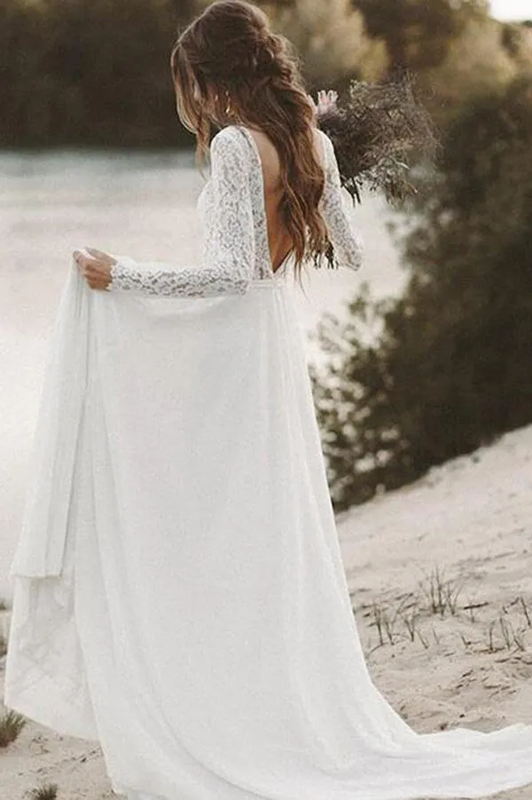 Roycebridal Ivory Lace Long Sleeves A-line Chiffon Wedding Dresses, Bridal Gowns, MW526