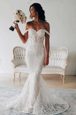 Roycebridal Ivory Mermaid Lace Backless Off Shoulder Wedding Dresses, Bridal Gown, MW749