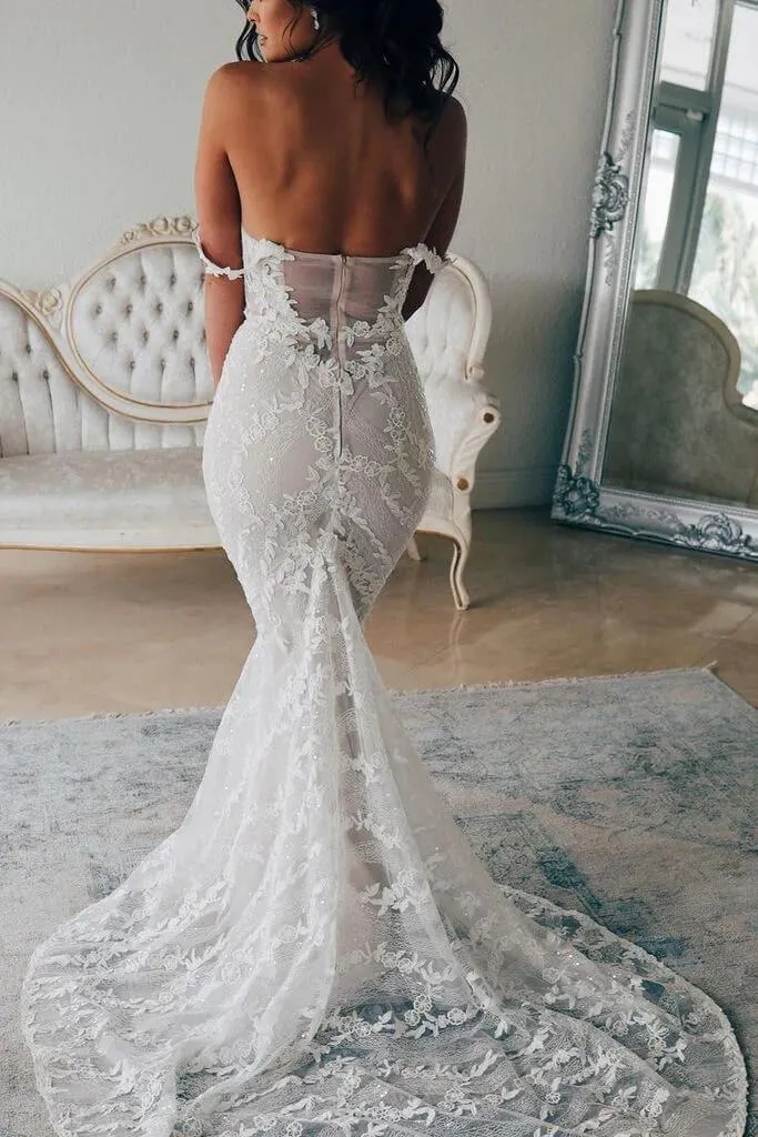 Roycebridal Ivory Mermaid Lace Backless Off Shoulder Wedding Dresses, Bridal Gown, MW749