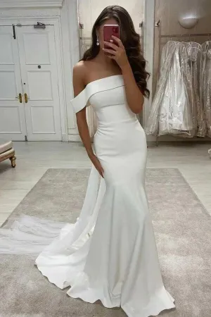 Roycebridal Ivory Satin Mermaid Off-the-Shoulder Simple Wedding Dress, Bridal Gown, MW858