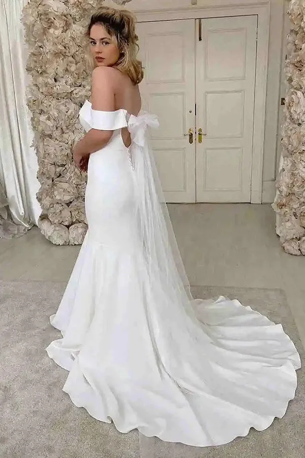 Roycebridal Ivory Satin Mermaid Off-the-Shoulder Simple Wedding Dress, Bridal Gown, MW858