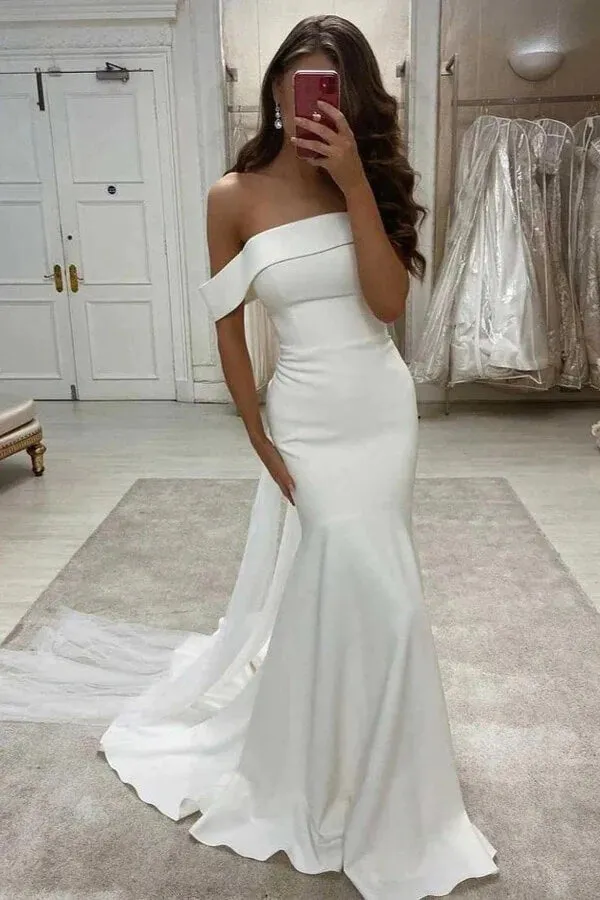Roycebridal Ivory Satin Mermaid Off-the-Shoulder Simple Wedding Dress, Bridal Gown, MW858
