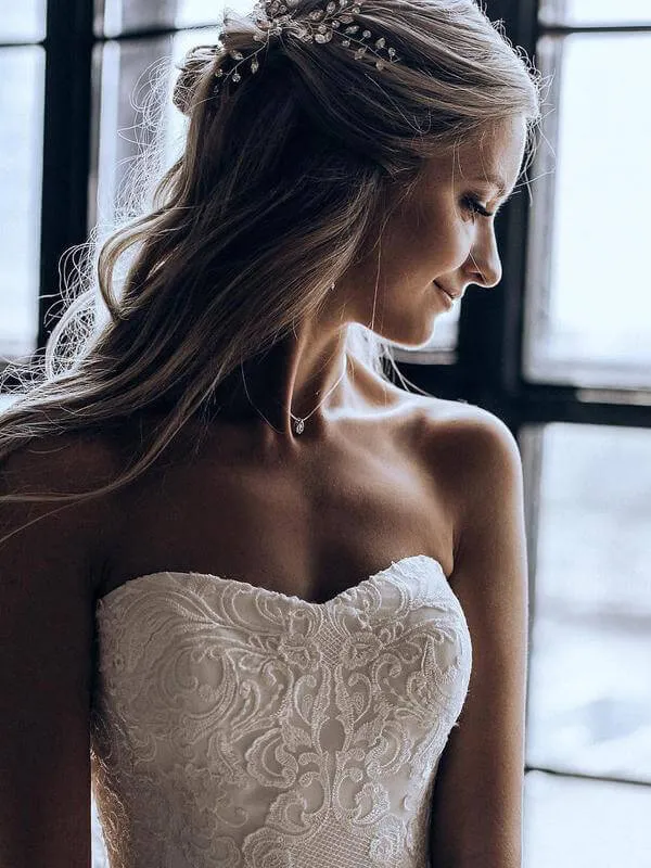 Roycebridal Lace A-line Sweetheart Strapless Wedding Dress, Sweep Train Bridal Dresses, MW546