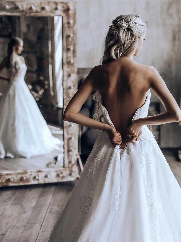 Roycebridal Lace A-line Sweetheart Strapless Wedding Dress, Sweep Train Bridal Dresses, MW546