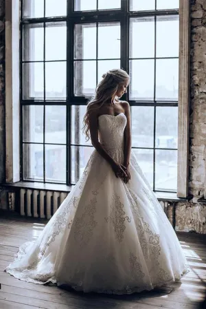 Roycebridal Lace A-line Sweetheart Strapless Wedding Dress, Sweep Train Bridal Dresses, MW546