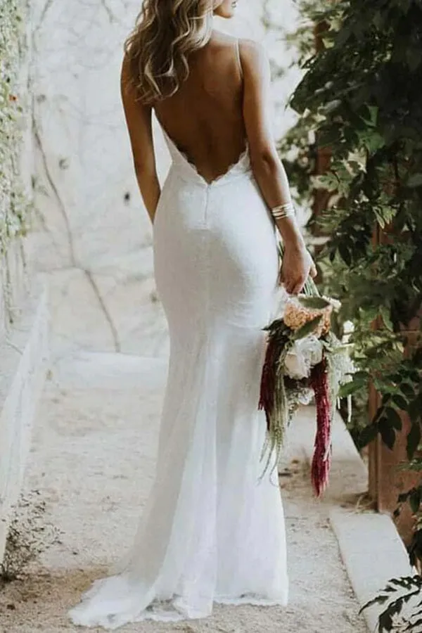 Roycebridal Lace Mermaid Spaghetti Straps Backless Wedding Dresses, Bridal Gown, MW692