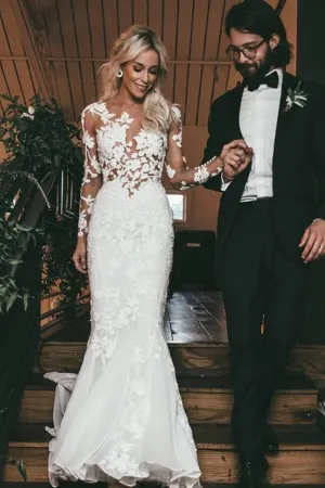 Roycebridal Lace See Through Mermaid Long Sleeves Wedding Dresses, Bridal Dress, MW522