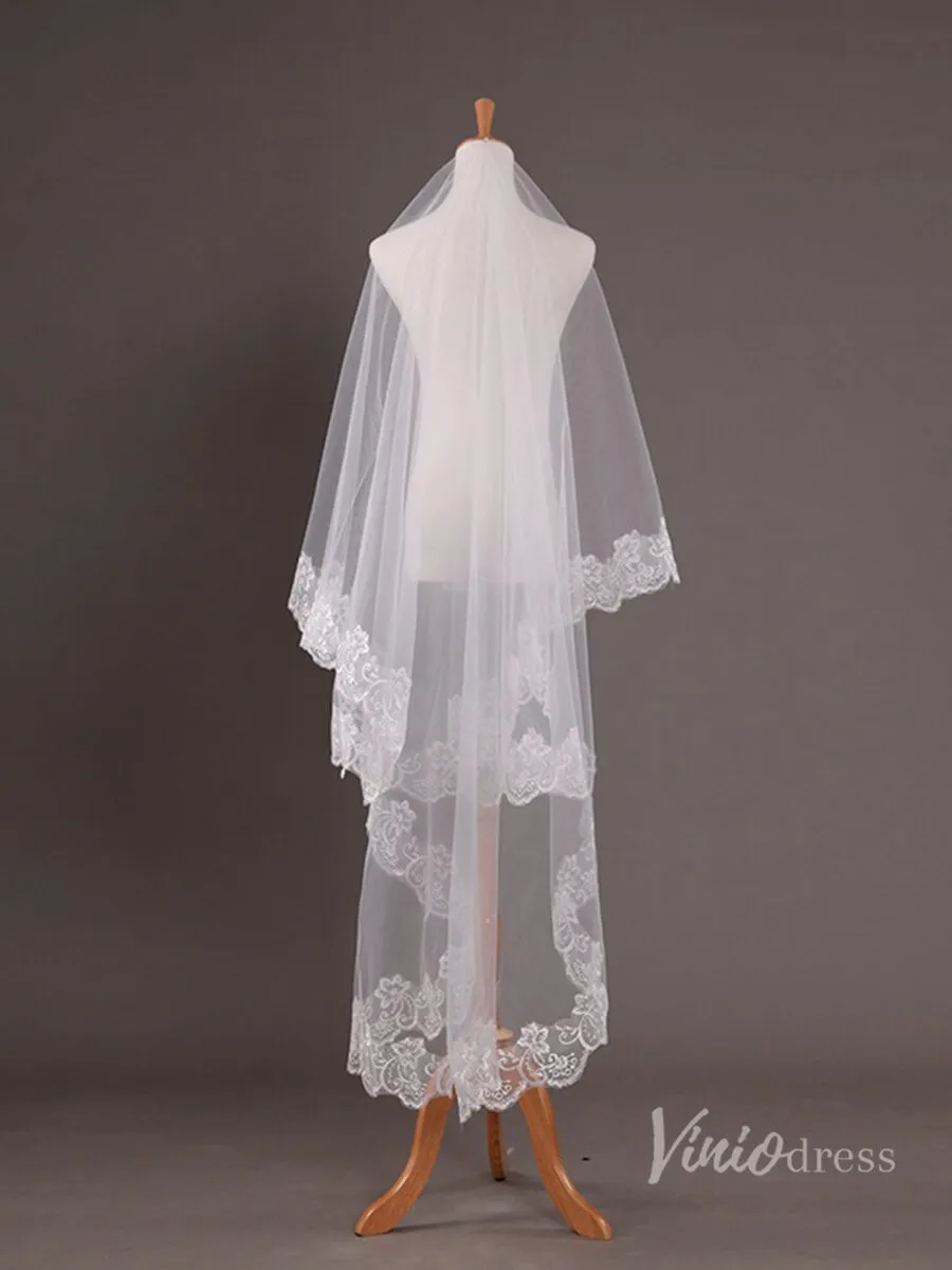 Roycebridal Long Lace Appliqued Bridal Blusher Veil Viniodress