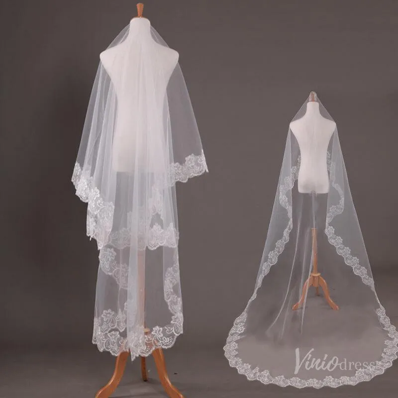 Roycebridal Long Lace Appliqued Bridal Blusher Veil Viniodress