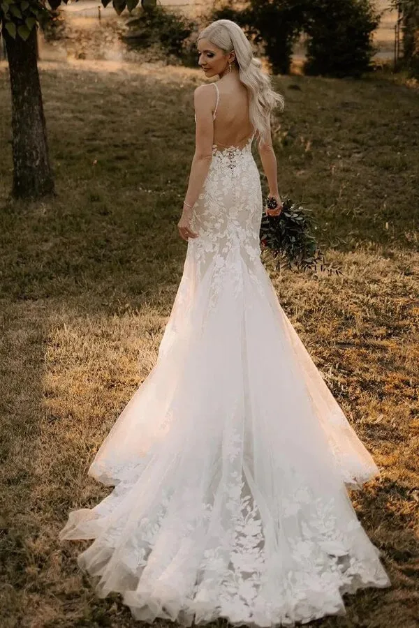 Roycebridal Mermaid Tulle V-neck Wedding Dresses With Appliques, Bridal Gown, MW977