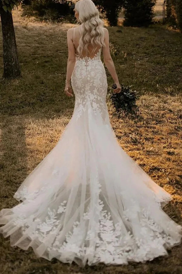 Roycebridal Mermaid Tulle V-neck Wedding Dresses With Appliques, Bridal Gown, MW977