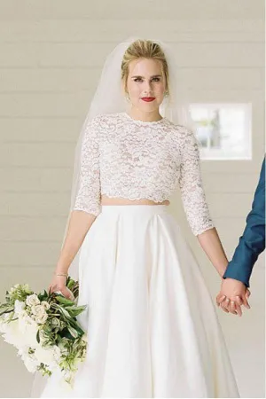 Roycebridal Satin Two Piece Half Sleeves Lace Top Wedding Dresses, Bridal Gowns, MW990
