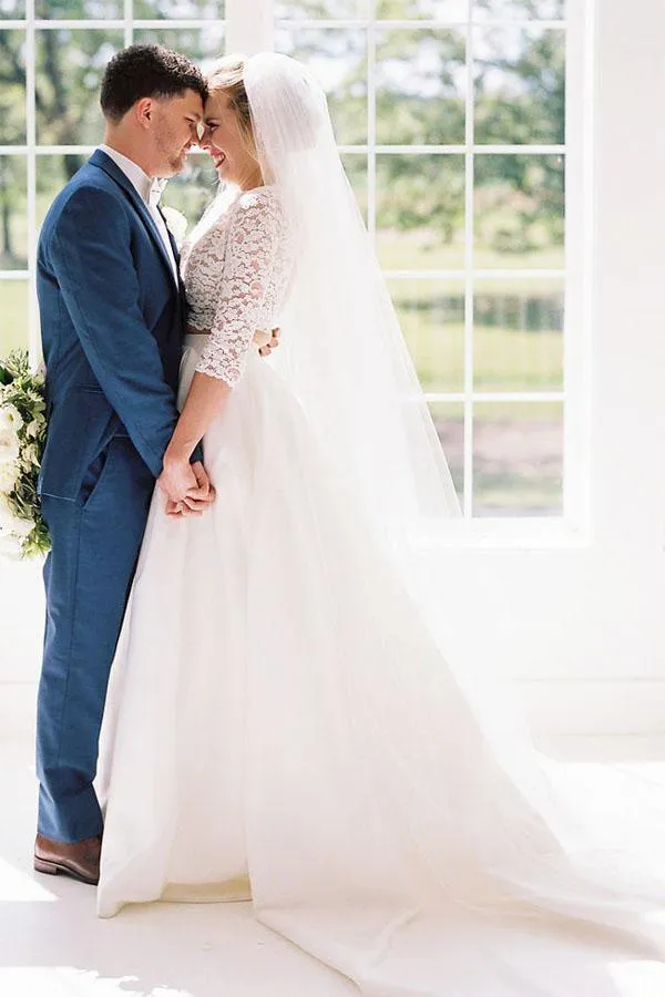 Roycebridal Satin Two Piece Half Sleeves Lace Top Wedding Dresses, Bridal Gowns, MW990