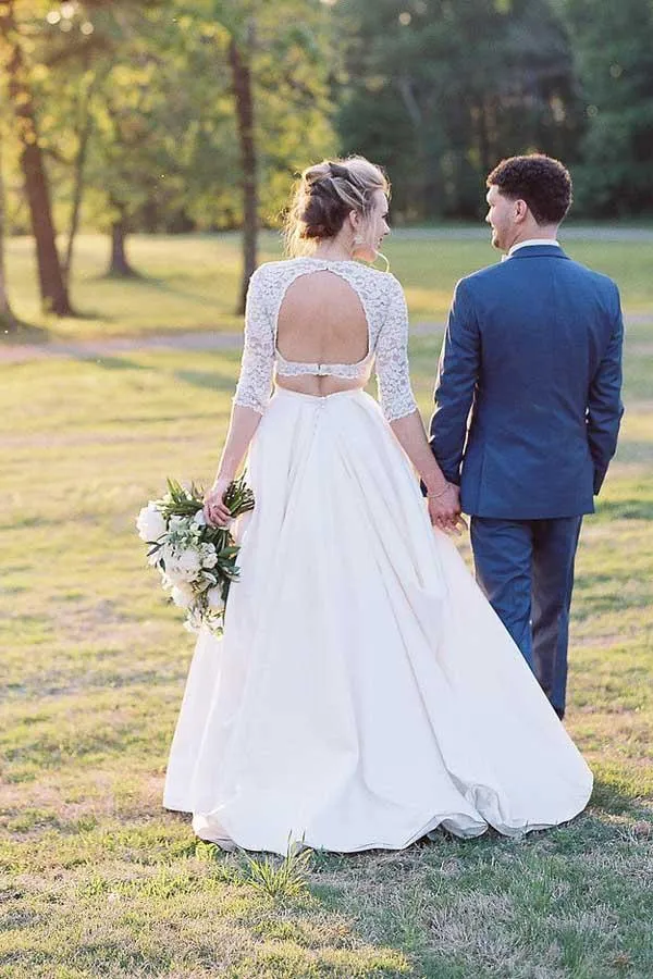 Roycebridal Satin Two Piece Half Sleeves Lace Top Wedding Dresses, Bridal Gowns, MW990