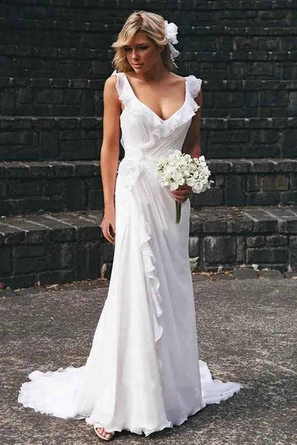 Roycebridal Simple Chiffon A-line V-neck Ruffles Beach Wedding Dresses, Wedding Gown, MW787
