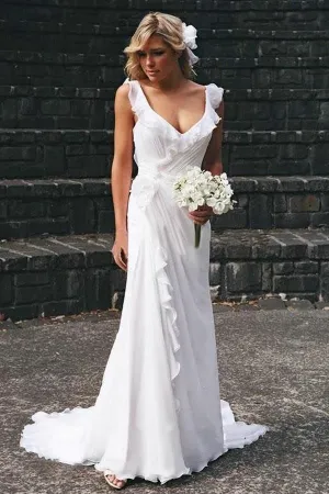 Roycebridal Simple Chiffon A-line V-neck Ruffles Beach Wedding Dresses, Wedding Gown, MW787