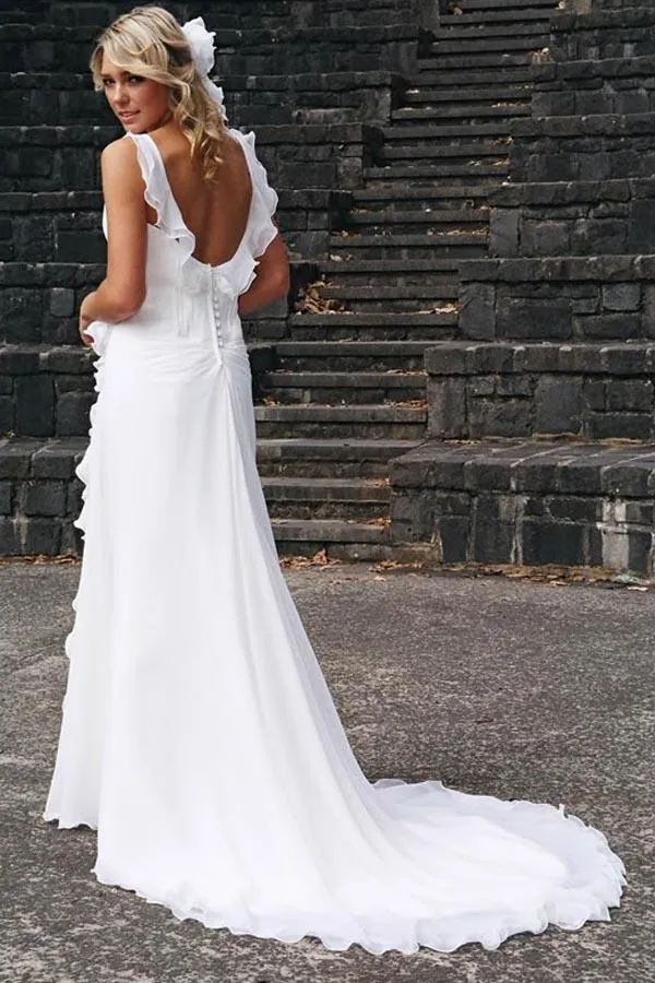 Roycebridal Simple Chiffon A-line V-neck Ruffles Beach Wedding Dresses, Wedding Gown, MW787