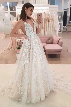 Roycebridal Tulle A-line V-neck Wedding Dresses With Lace Appliques, Bridal Gown, MW722
