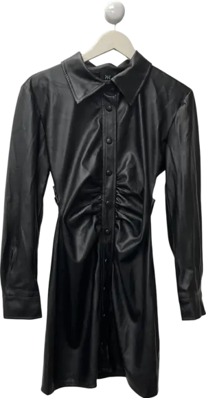 Ruched & Ready Black Faux Leather Dress UK S