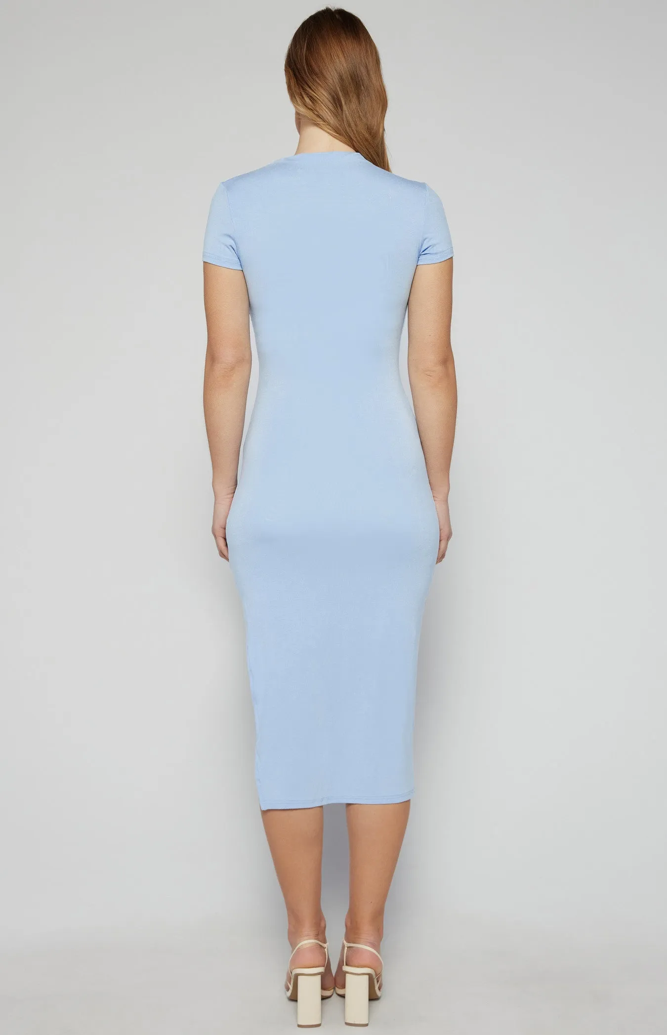 RUCHED DETAIL SHORT SLEEVE JERSEY MIDI DRESS