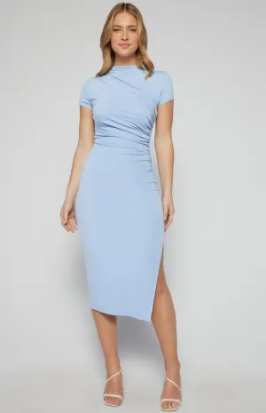 RUCHED DETAIL SHORT SLEEVE JERSEY MIDI DRESS