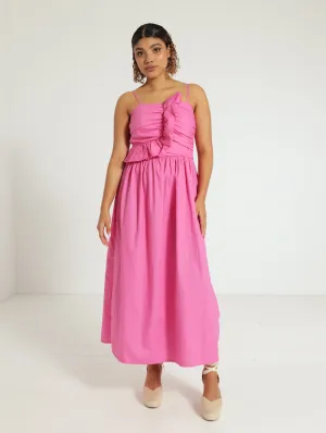 Ruched Frill Strappy Poplin Midi Dress - Pink