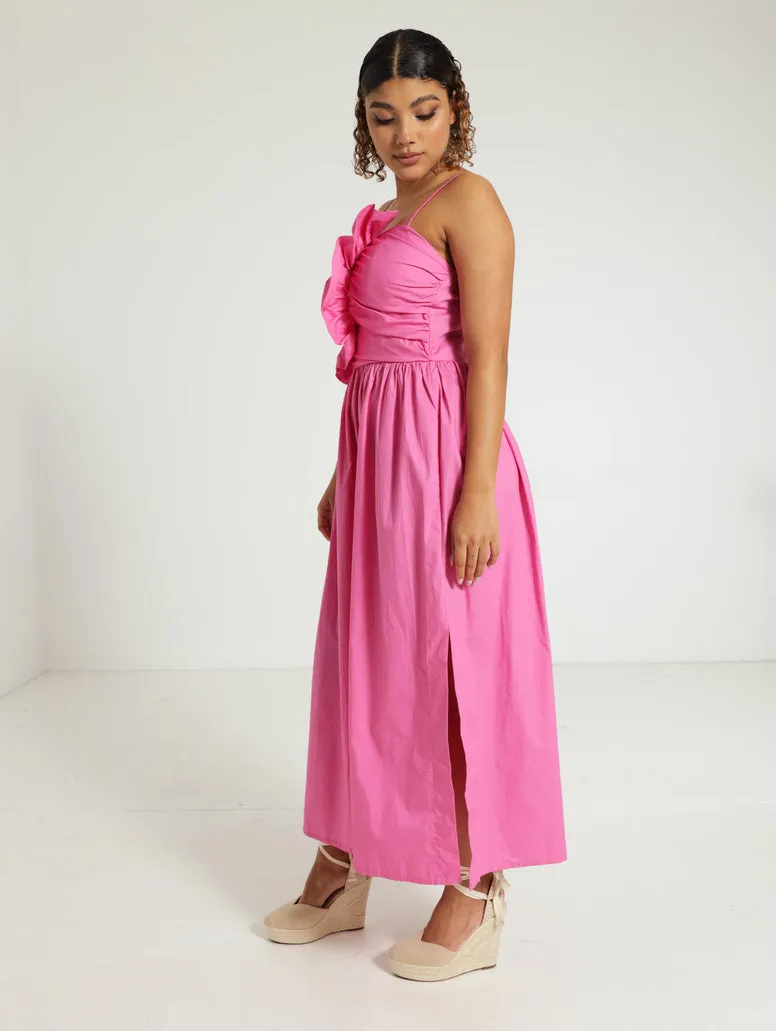 Ruched Frill Strappy Poplin Midi Dress - Pink
