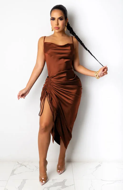 Ruched Front Halter Top Dress with High Slit