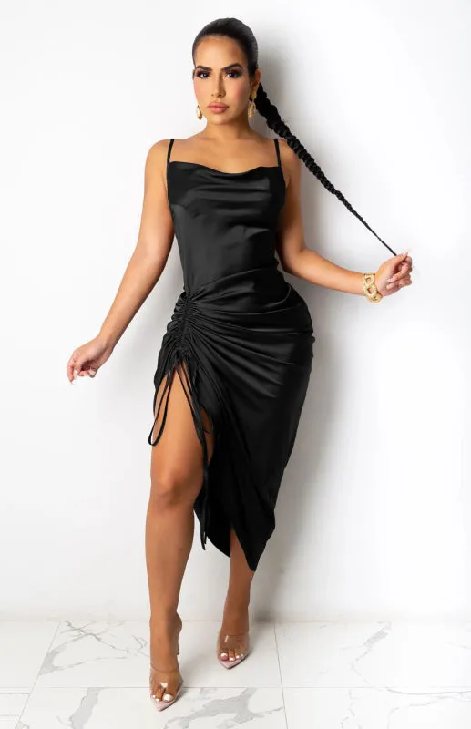 Ruched Front Halter Top Dress with High Slit