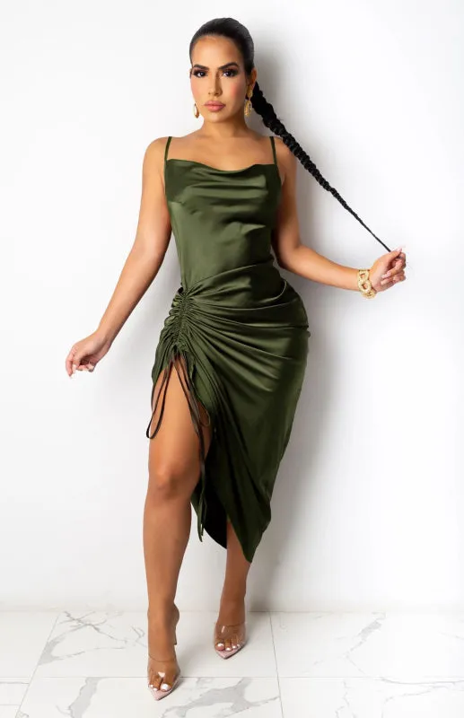 Ruched Front Halter Top Dress with High Slit