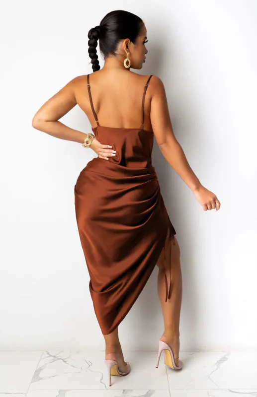 Ruched Front Halter Top Dress with High Slit