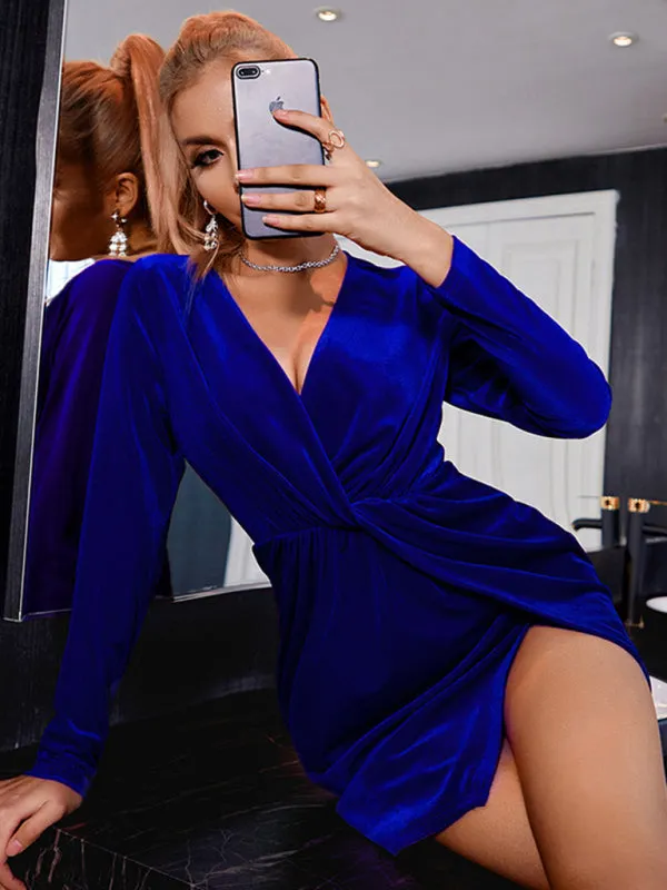 Ruched Mini Dress with Long Sleeves and V-Neck Wrap