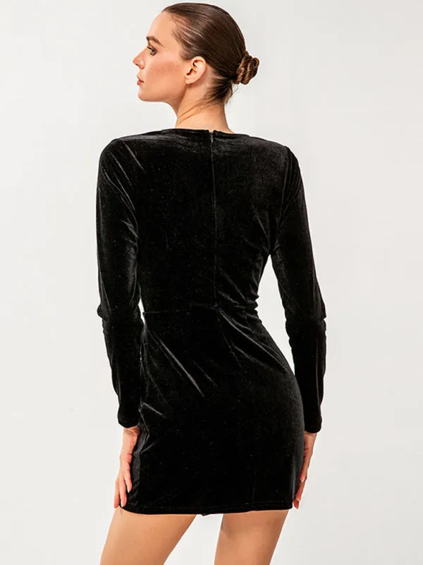 Ruched Mini Dress with Long Sleeves and V-Neck Wrap