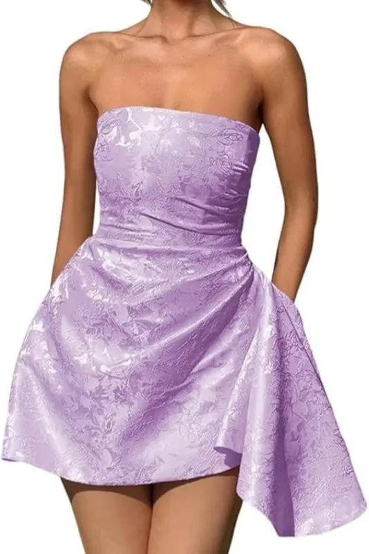 Ruched Satin Mini Party Dress Strapless Floral Jacquard Homecoming Dress with Pocket