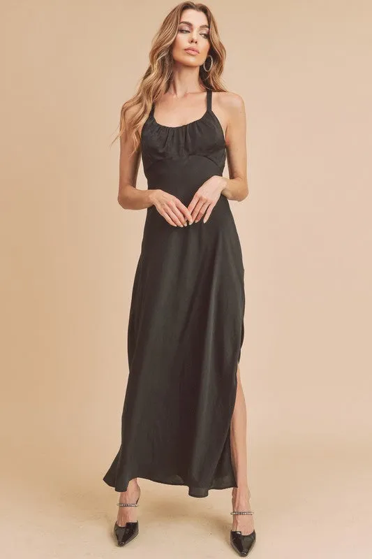 Ruched Side Slit Cutout Back Maxi Cami Dress