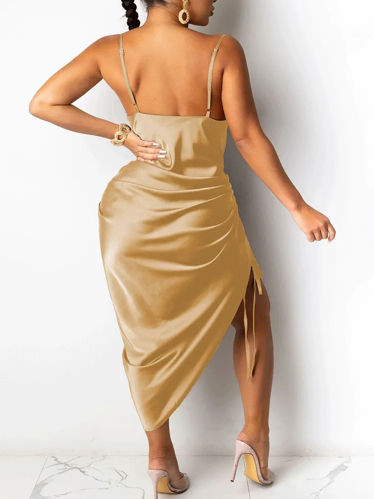 Ruched Spaghetti Strap Midi Dress